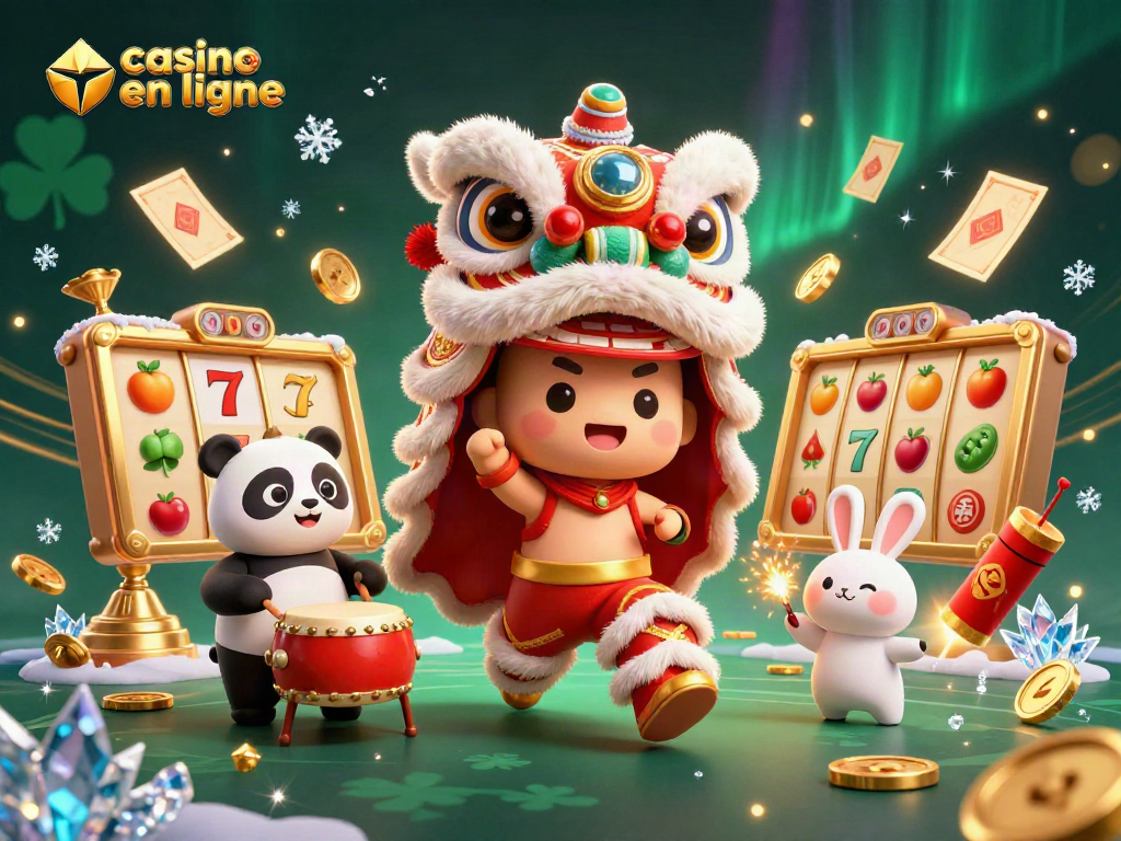 Jouer aux machines à sous dans un casino en ligne animé avec des personnages festifs.