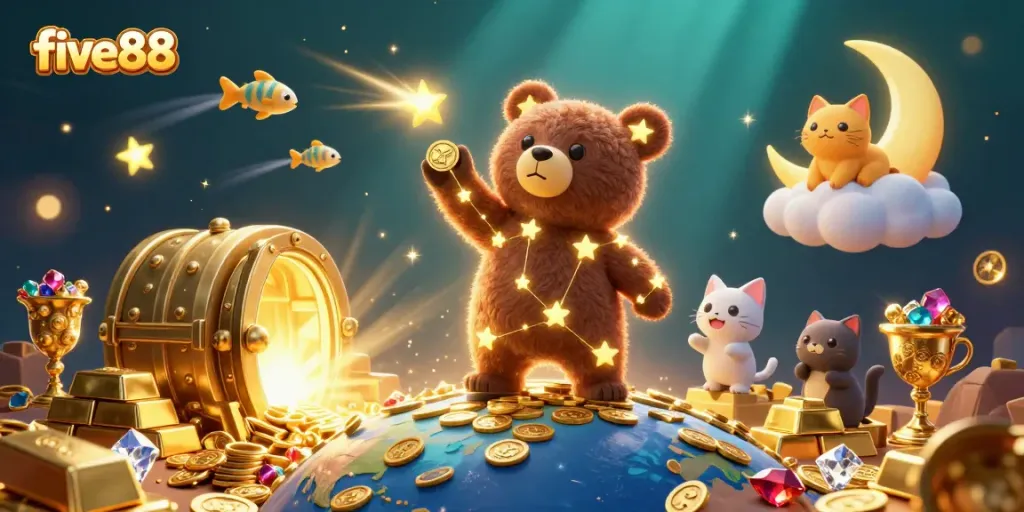 Enter the exciting world of five88 with this vibrant casino-themed illustration featuring dynamic characters and treasures.