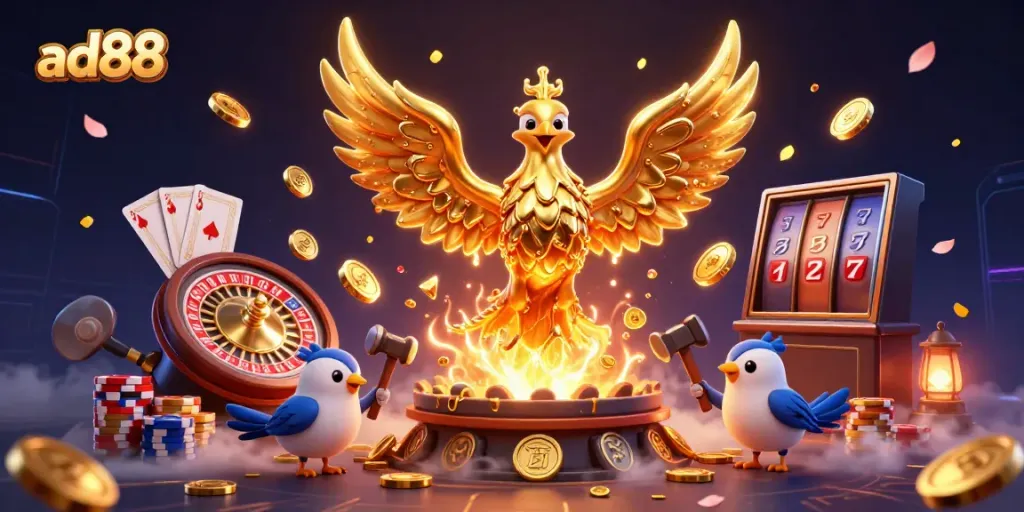 Engage with thrilling ad88 casino adventures featuring a molten golden phoenix and dynamic gaming elements.