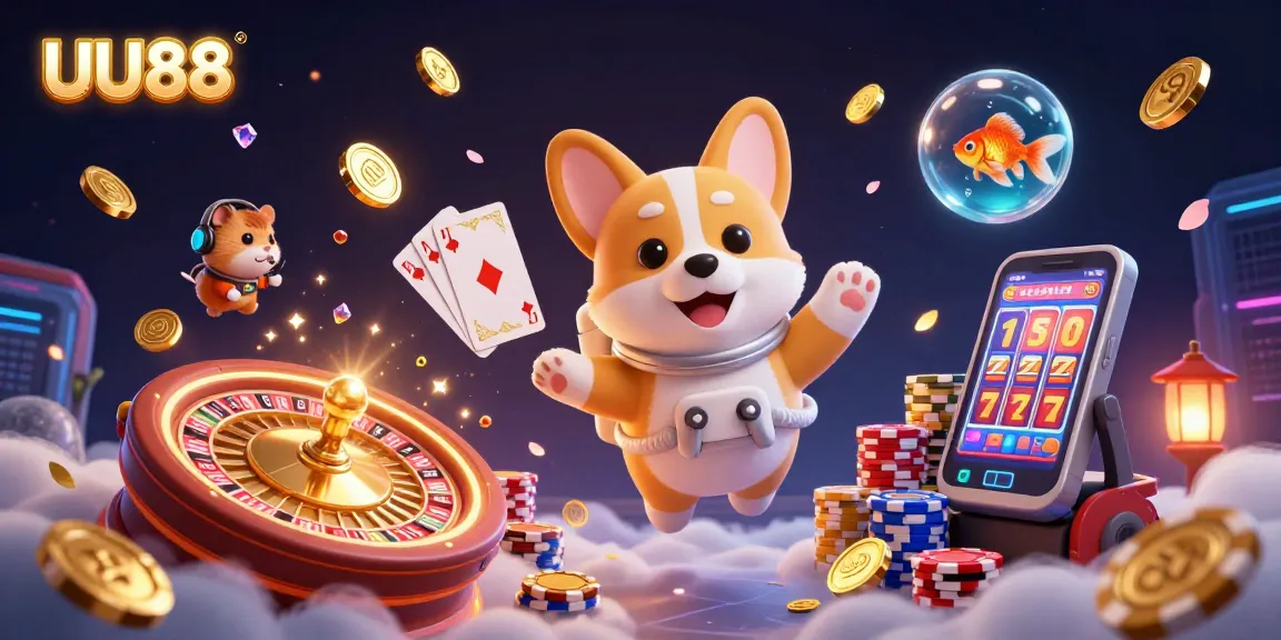 UU88 welcomes players with a vibrant space casino scene featuring an astronaut corgi and casino elements.