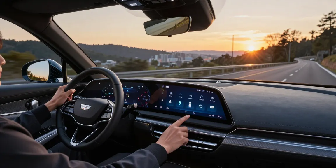 A driver in a Cadillac Lyriq adjusting settings to explore do the driving modes in cadillac lyriq offer different ranges or battery usages? in a scenic location.