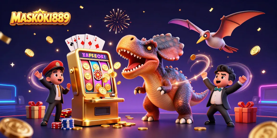 Celebrate with MASKOKI889 as the pachycephalosaurus wins jackpot coins from a golden slot machine in a vibrant casino scene.