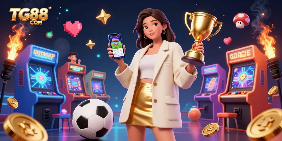 Bet on TG88 COM with dynamic gaming elements and sports betting excitement in a vibrant casino scene.