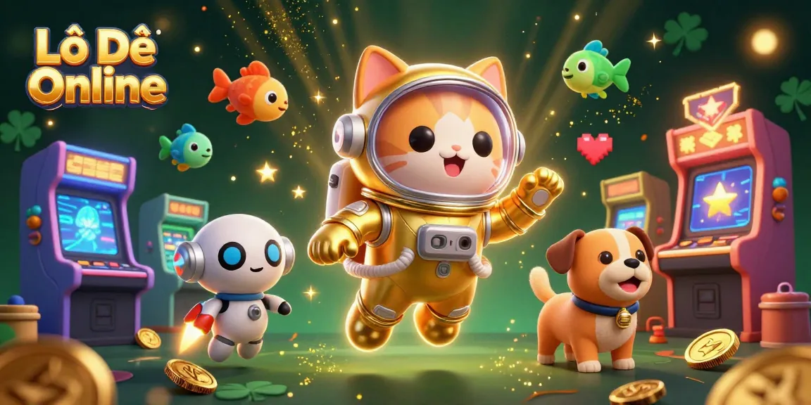 Lô Đề Online experience with a playful astronaut cat and robot dog amidst a vibrant 3D casino adventure.