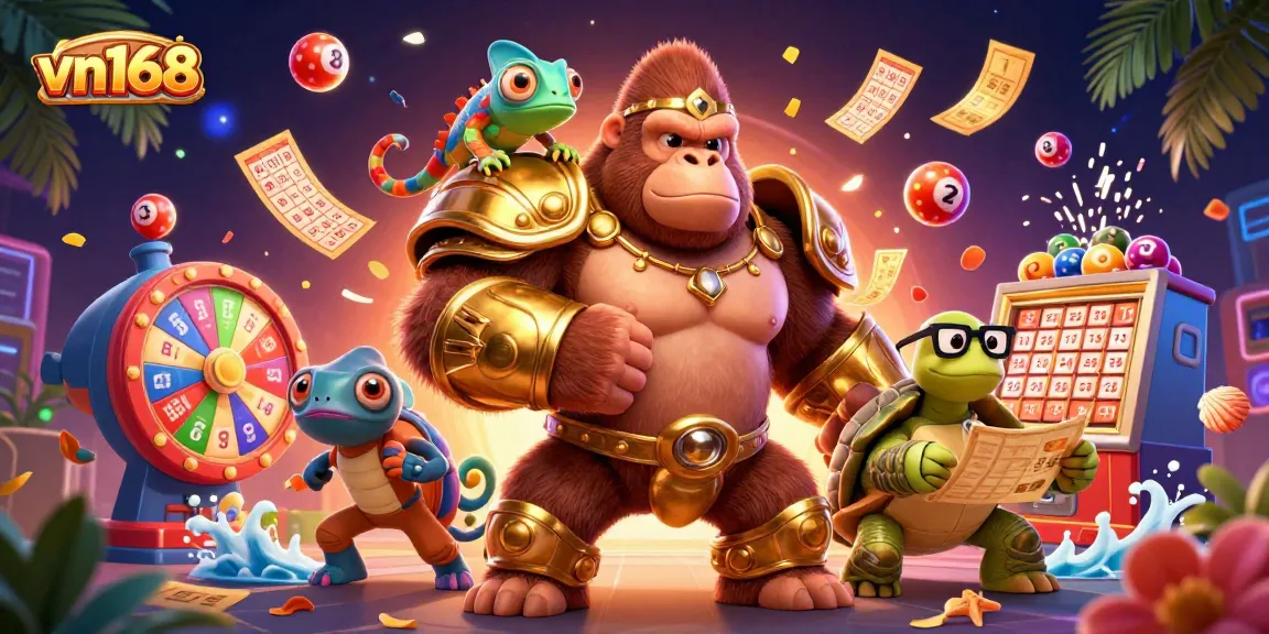 Join the excitement with vn168, featuring a powerful gorilla king and vibrant lottery elements.