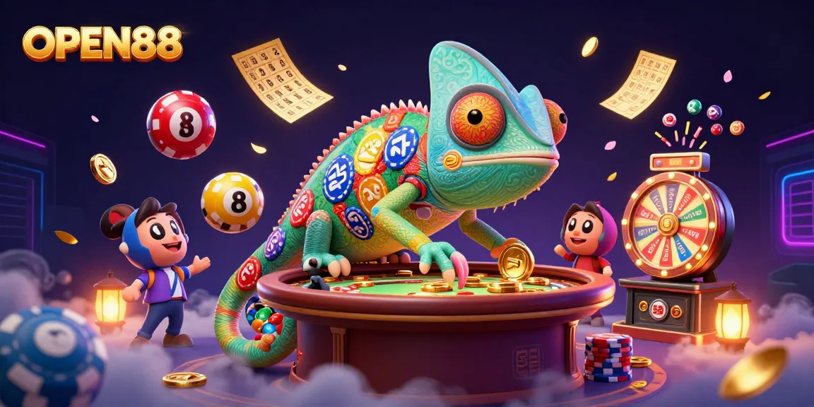 Engage with OPEN88's vibrant casino experience featuring a captivating chameleon owner amidst gambling delights.