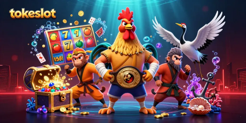 Engage with the tokeslot adventure featuring vibrant characters and dynamic slot game elements bursting with energy.