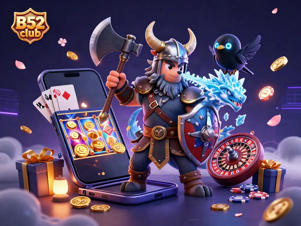 B52 club showcases a vibrant scene with a Viking wolf warrior, dragon, and cartoon raven amidst dynamic casino elements.