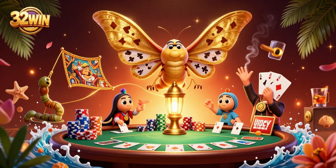 Experience the vibrant world of 32WIN casino with a colorful poker scene featuring stunning moths and rich gaming elements.