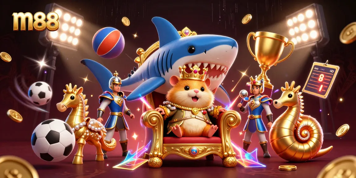 m88 offers thrilling action with a golden hamster king and seahorse guards amidst vibrant casino elements