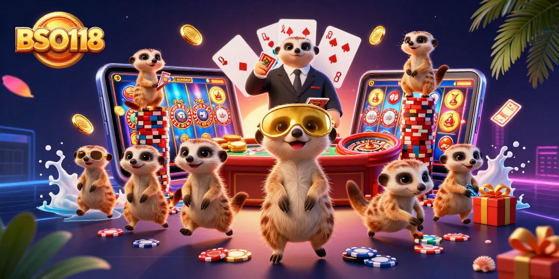Experience BSO118 in a vibrant 3D casino scene with meerkats managing games and chips.