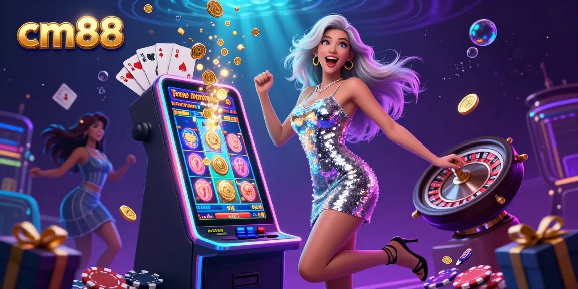Win big at cm88 with a glamourous celebration of casino life featuring a jackpot queen amidst vibrant game elements.