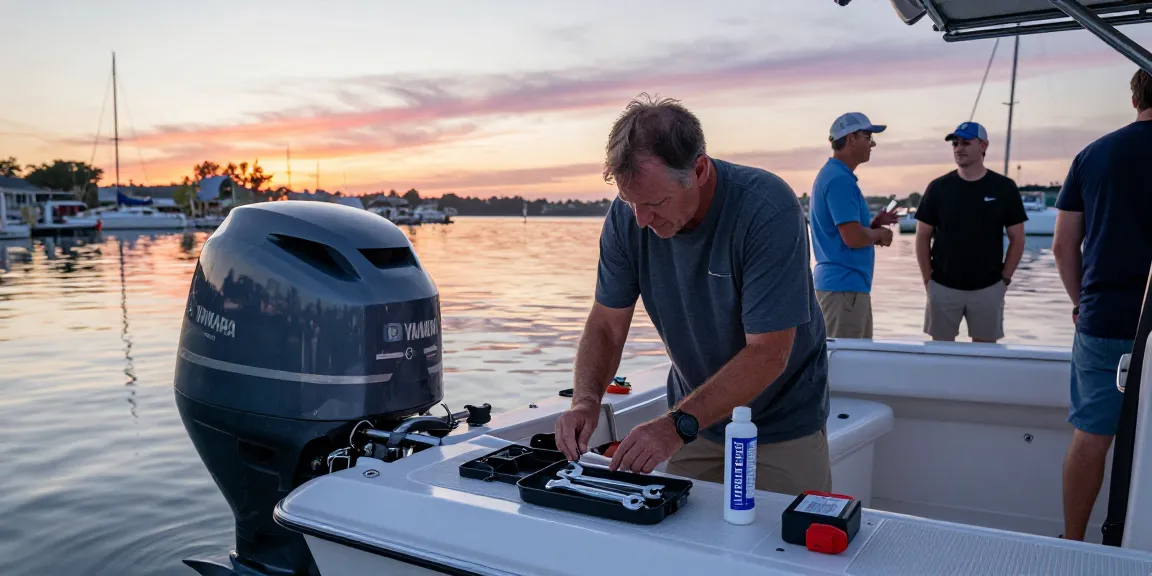 Outboard motor repair process on Yamaha engine at marina with expert tools and friendly boater.