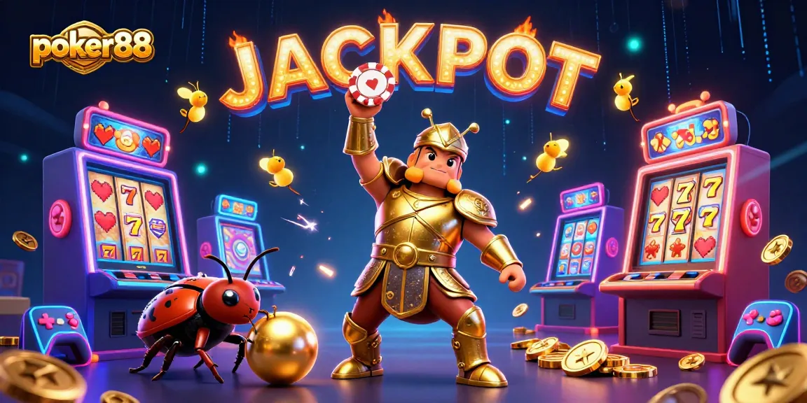 Poker88 jackpot scene featuring a victorious beetle champion at a vibrant slot machine filled with gold coins and dazzling lights.