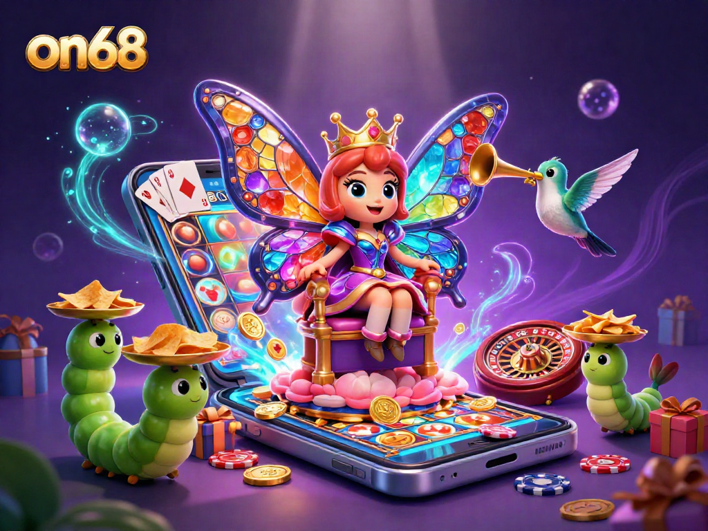 Engage with on68's vibrant casino scene featuring a butterfly queen and slot game action.