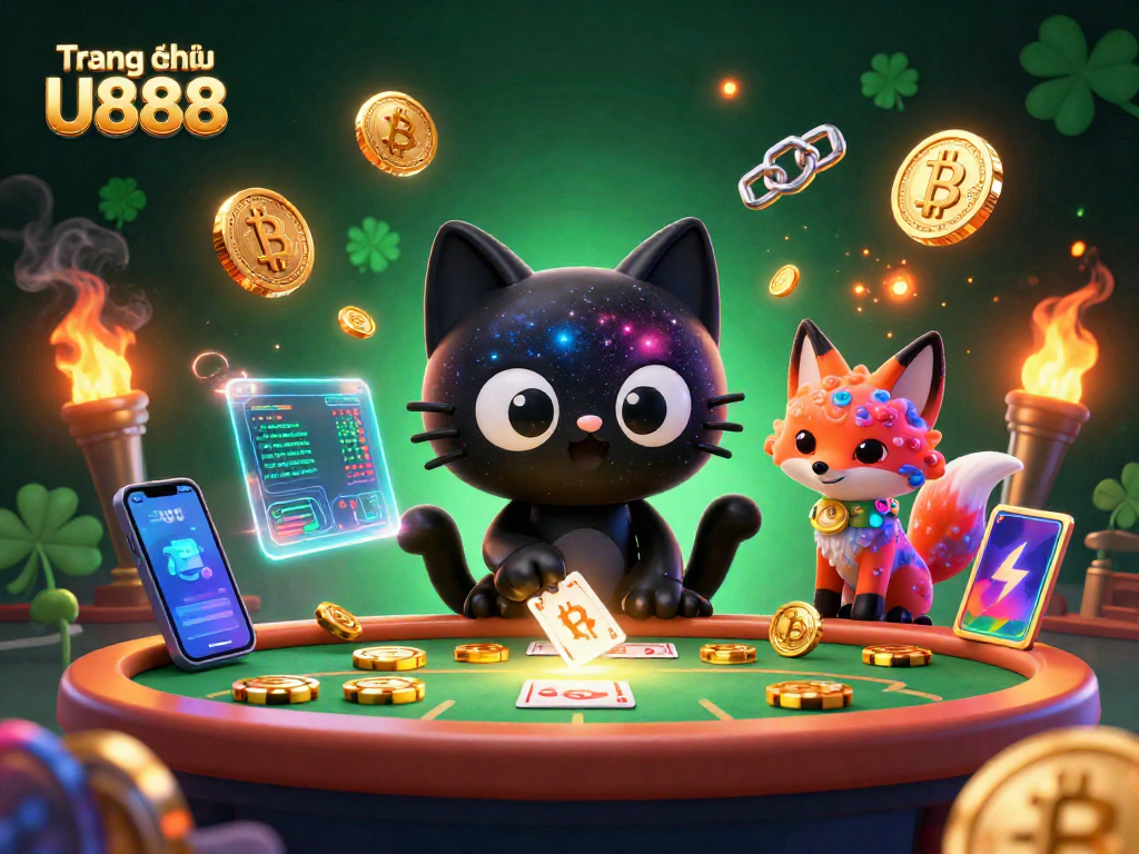 Engage with Trang chủ U888's cosmic casino table featuring a black hole cat and neon cryptocurrency elements.