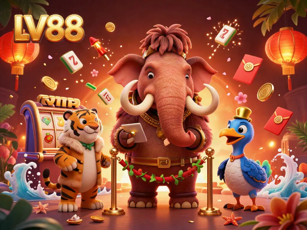 Experience the excitement of LV88 with a vibrant 3D illustration of a casino bouncer, VIP guests, and gaming experiences.