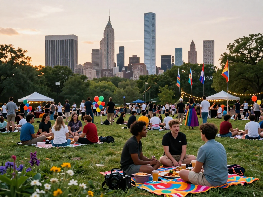 Vibrant sunset city skyline showcasing states for trans people 2026 with diverse individuals celebrating inclusivity in a community event.