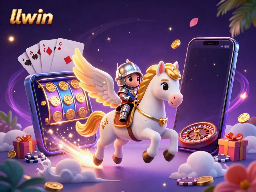Experience the thrill of gaming with llwin's dynamic casino scene, featuring a celestial horse and knight amid vibrant slot games.