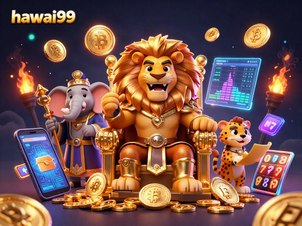 Place bets with hawai99 alongside a royal lion king and crypto elements in a vibrant casino scene.