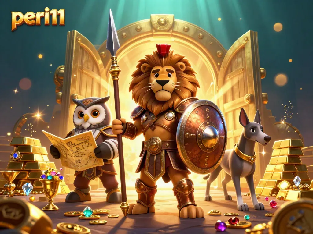 Experience winning strategies at peri11 with an exciting 3D casino adventure scene full of treasure.