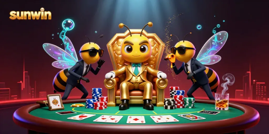 Experience exciting gameplay at sunwin with a cartoon bumblebee mob boss at a poker table.