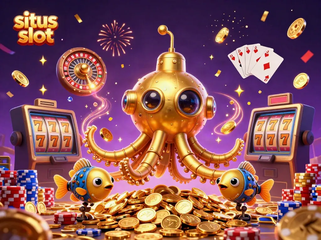 Engage with situs slot featuring a lively underwater scene of a golden kraken submarine and joyful fish amidst cascading coins and jackpot elements.