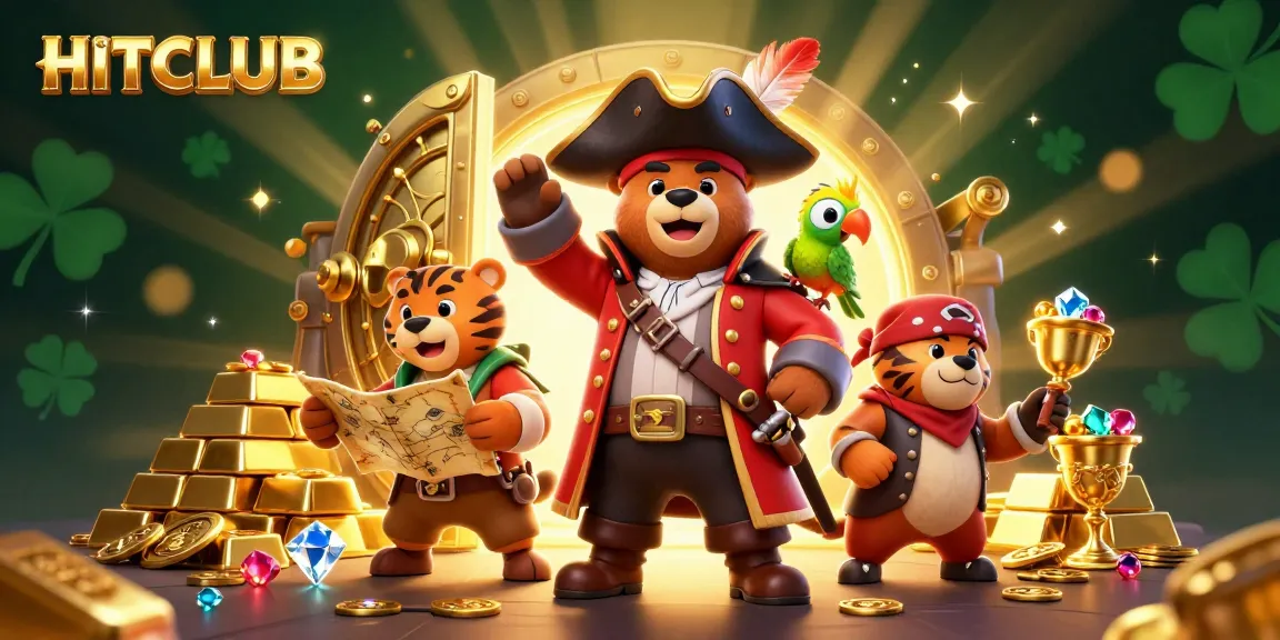 Engage in HITCLUB's thrilling treasure hunt with a pirate bear, tiger, and parrot amidst gold and gems.