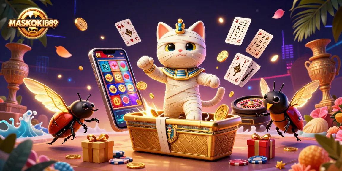 Experience thrilling action at MASKOKI889 with a cartoon mummy cat navigating a vibrant casino scene.