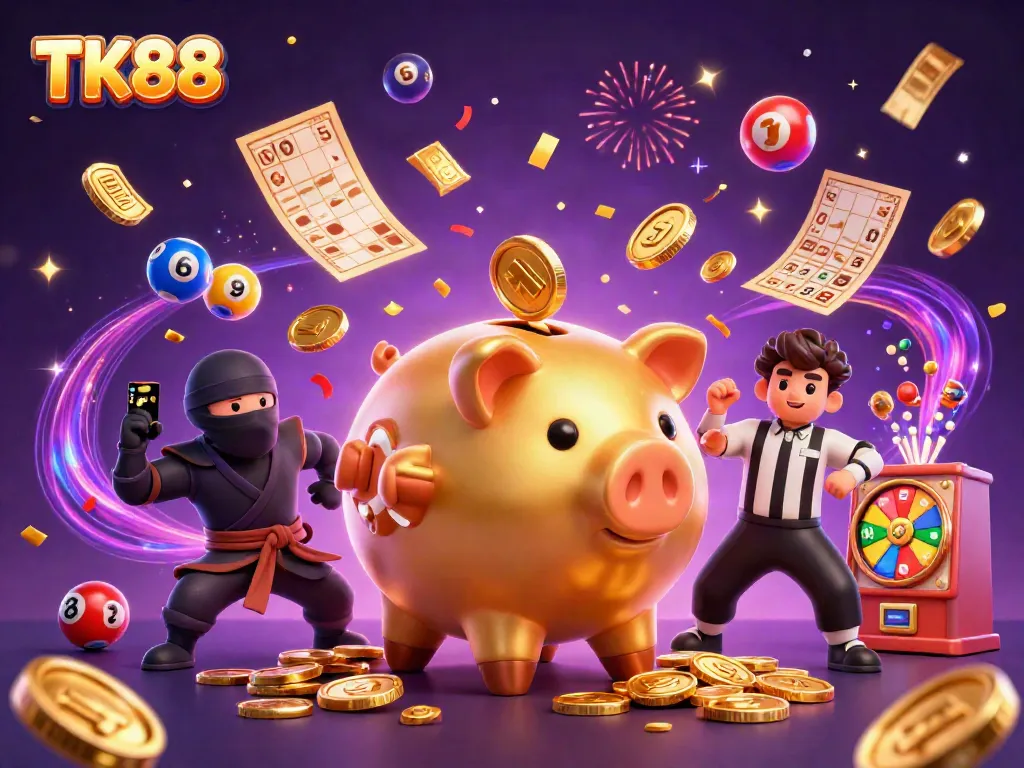 Experience the excitement of TK88 with a golden piggy bank sumo wrestler surrounded by colorful game elements.