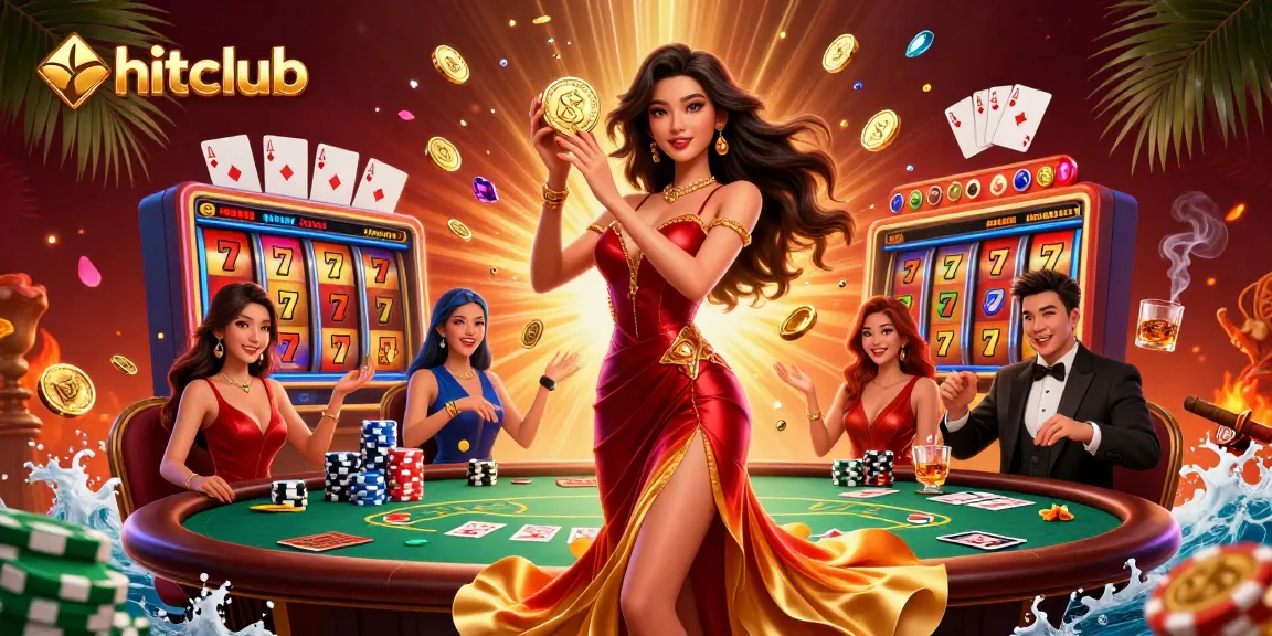 Hitclub brings excitement to slot gaming with a gorgeous Asian woman celebrating jackpots amidst shimmering coins.
