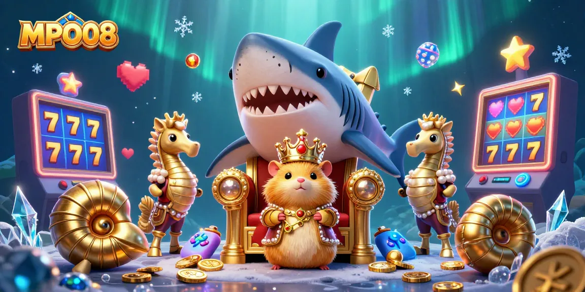 MPO08 offers players immersive gaming with slot reels and a colorful atmosphere featuring a golden hamster king.