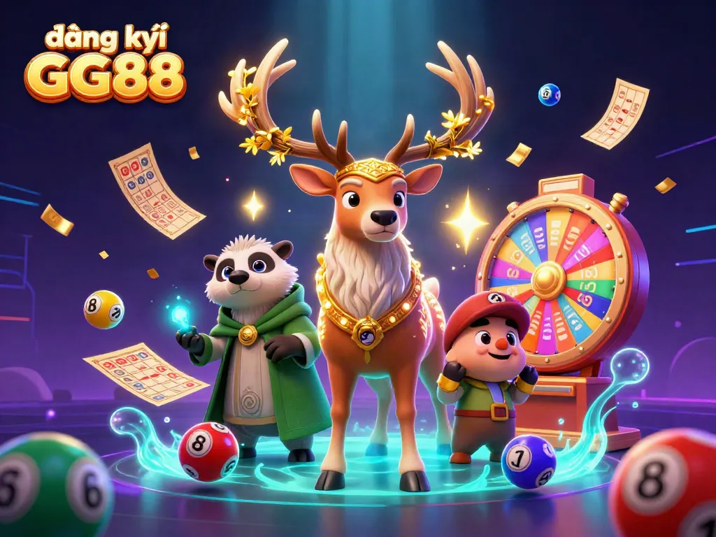 Engage in fun gameplay at đăng ký GG88 with a magical scene of characters and lottery elements.
