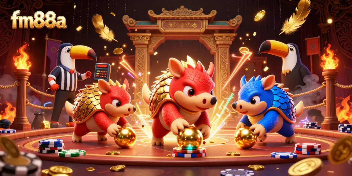 Experience thrilling gameplay with fm88a as cartoon pangolins roll through poker chips in a vibrant casino