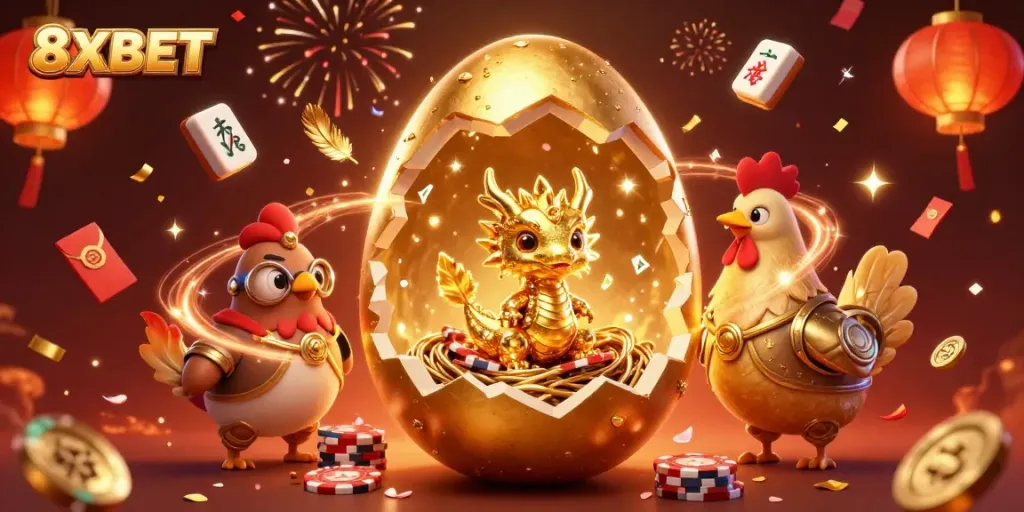 Engage with 8XBET's vibrant gaming world featuring golden rewards and dynamic casino elements.