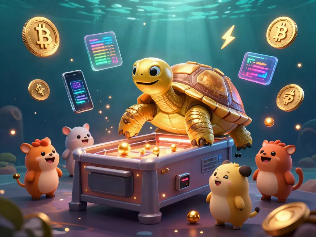 Engage in FUN888 with a playful tortoise pinball machine surrounded by animals and crypto elements in a vibrant casino.