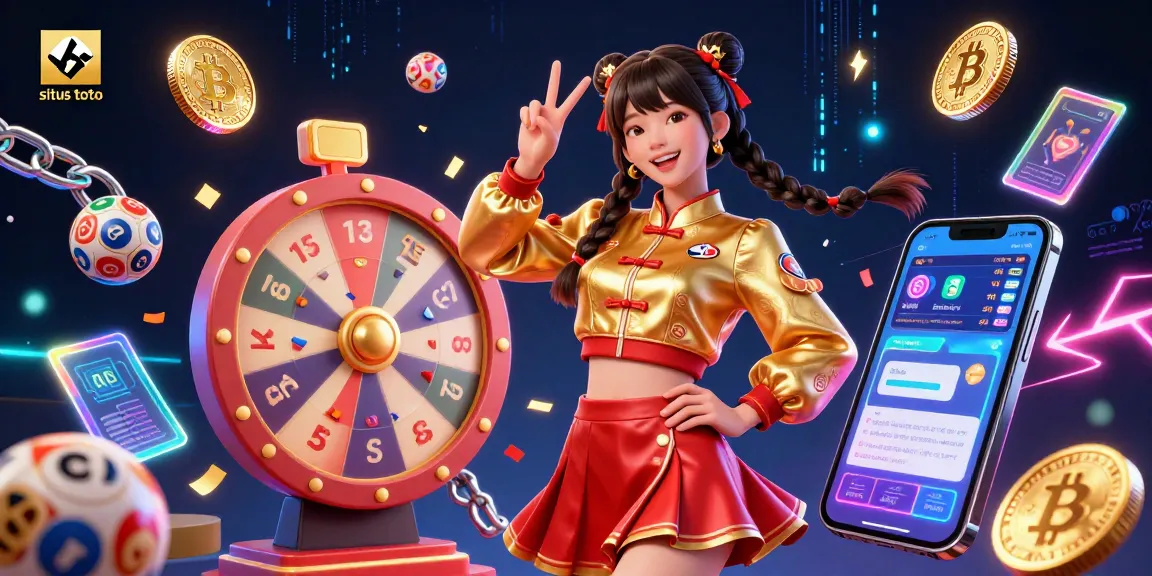 Situs toto offers thrilling lottery experiences with lively 3D illustrations featuring vibrant symbols and crypto elements.