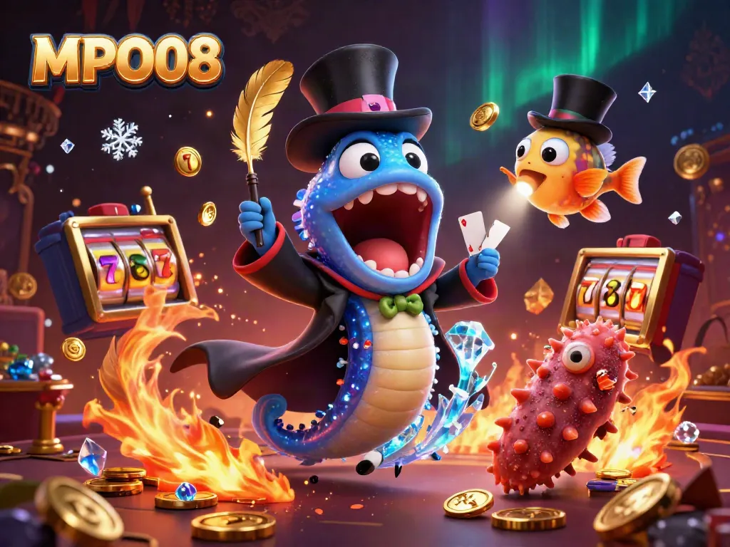 MPO08's vibrant casino scene features a magical eel performing tricks with a colorful atmosphere.
