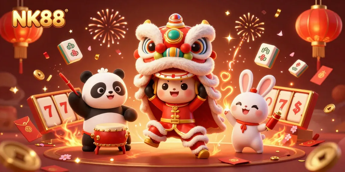 Experience the vibrant casino excitement of NK88 with exhilarating characters and festive elements in a dynamic scene.