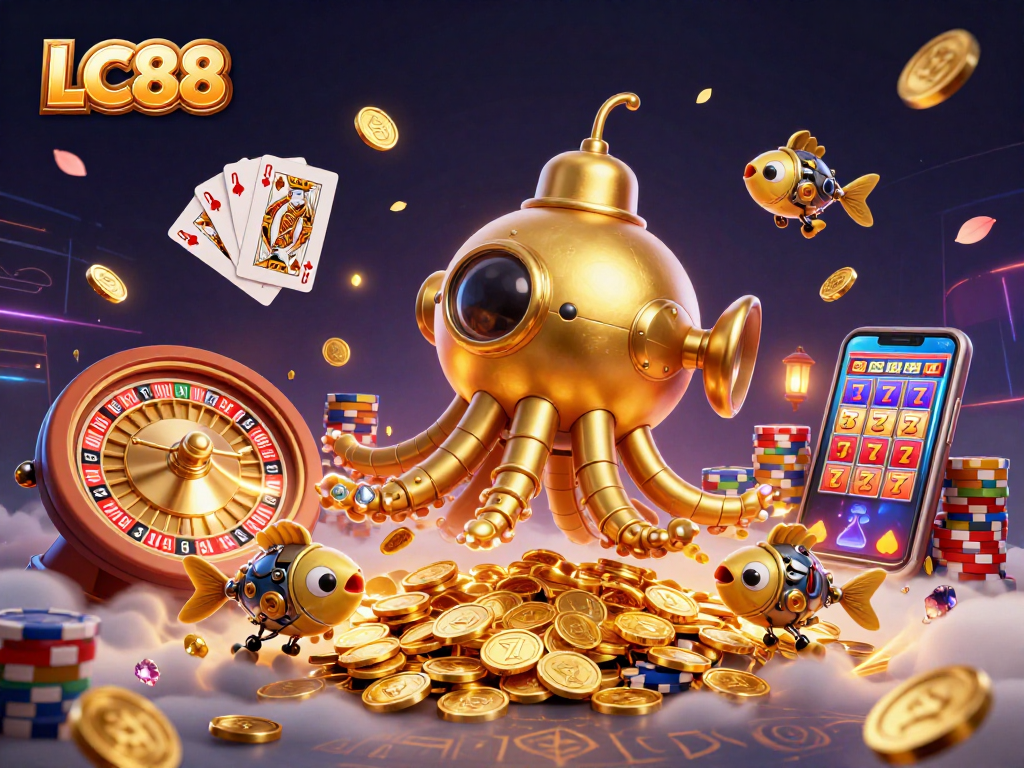 Experience the thrill of LC88 with a dynamic 3D casino scene featuring exciting games and golden prizes.