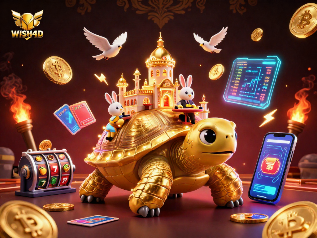 WISH4D presents a vibrant casino scene with a golden tortoise and dynamic gaming elements.