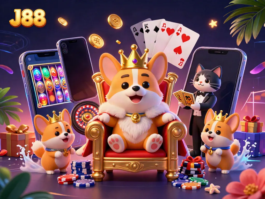 Experience the vibrant world of J88 with a royal corgi on a throne among casino games.