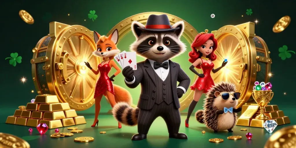 Xoilac enhances online gaming with an exciting scene featuring a raccoon, fox, and hedgehog in a vibrant casino atmosphere.