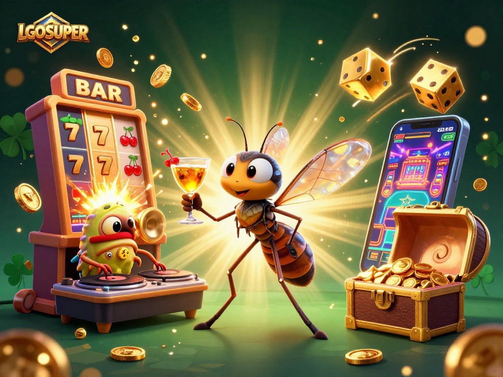 LGOSUPER mascot brings vibrant gaming energy with a golden cocktail and spinning roulette in vivid casino scene.