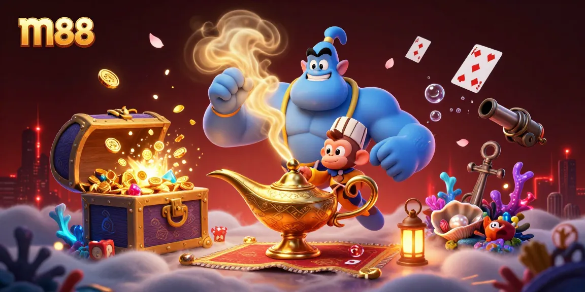 Experience winning excitement with m88's enchanting genie in this vibrant casino-themed illustration.