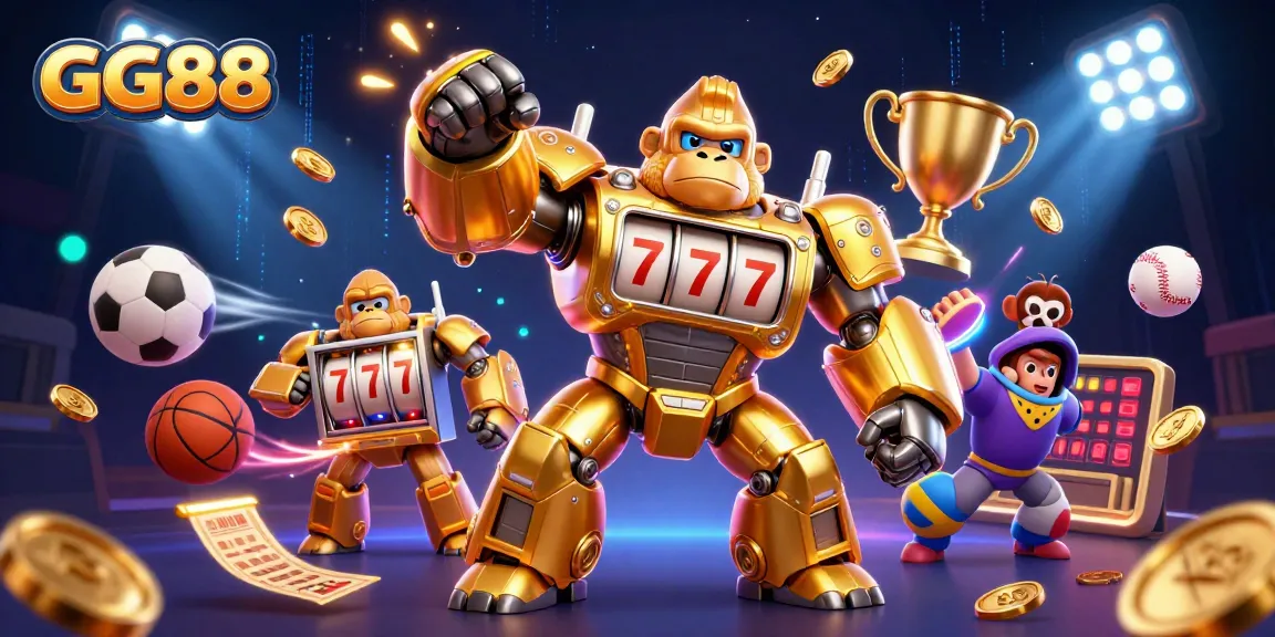 Win big with GG88's dynamic gaming scene, featuring a golden mech and exciting sports elements.