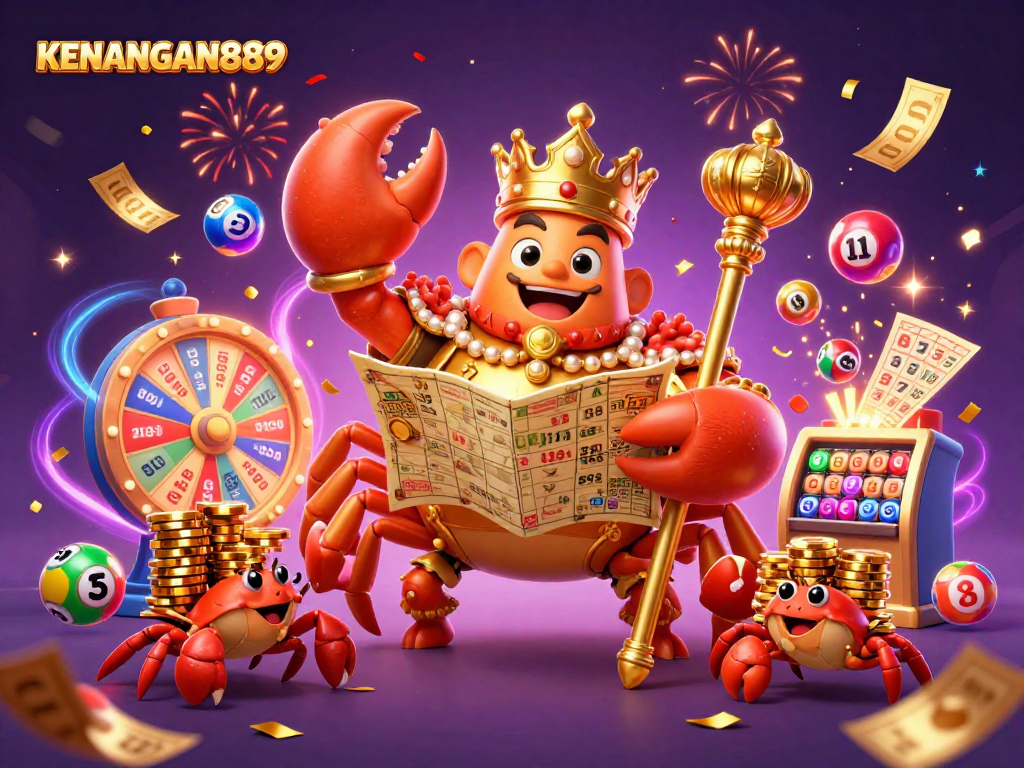 Experience KENANGAN889 with a vibrant 3D scene of a golden crab emperor surrounded by dynamic casino elements.