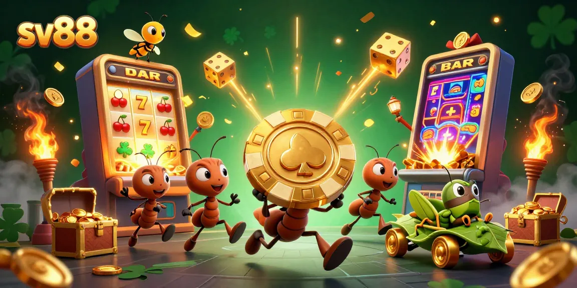 Experience excitement at sv88 with playful ants pulling off a golden poker heist in a vibrant casino!