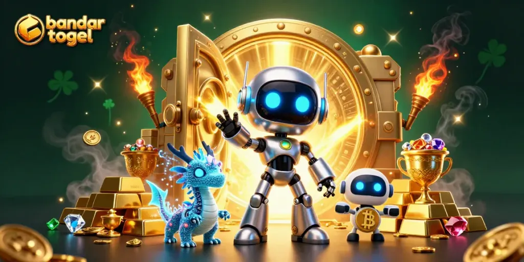 Experience the thrill of bandar togel as our cyberpunk robot mascot and AI companions showcase treasures in a vibrant casino scene.