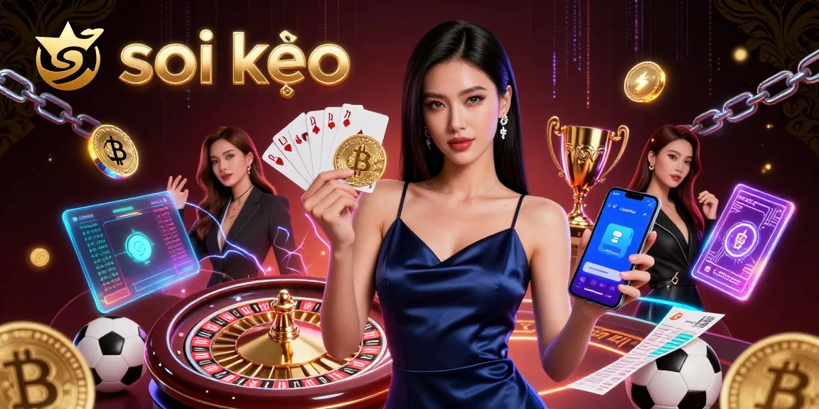 Soi kèo betting scene with a confident Asian woman, 3D roulette, and dynamic sports elements.